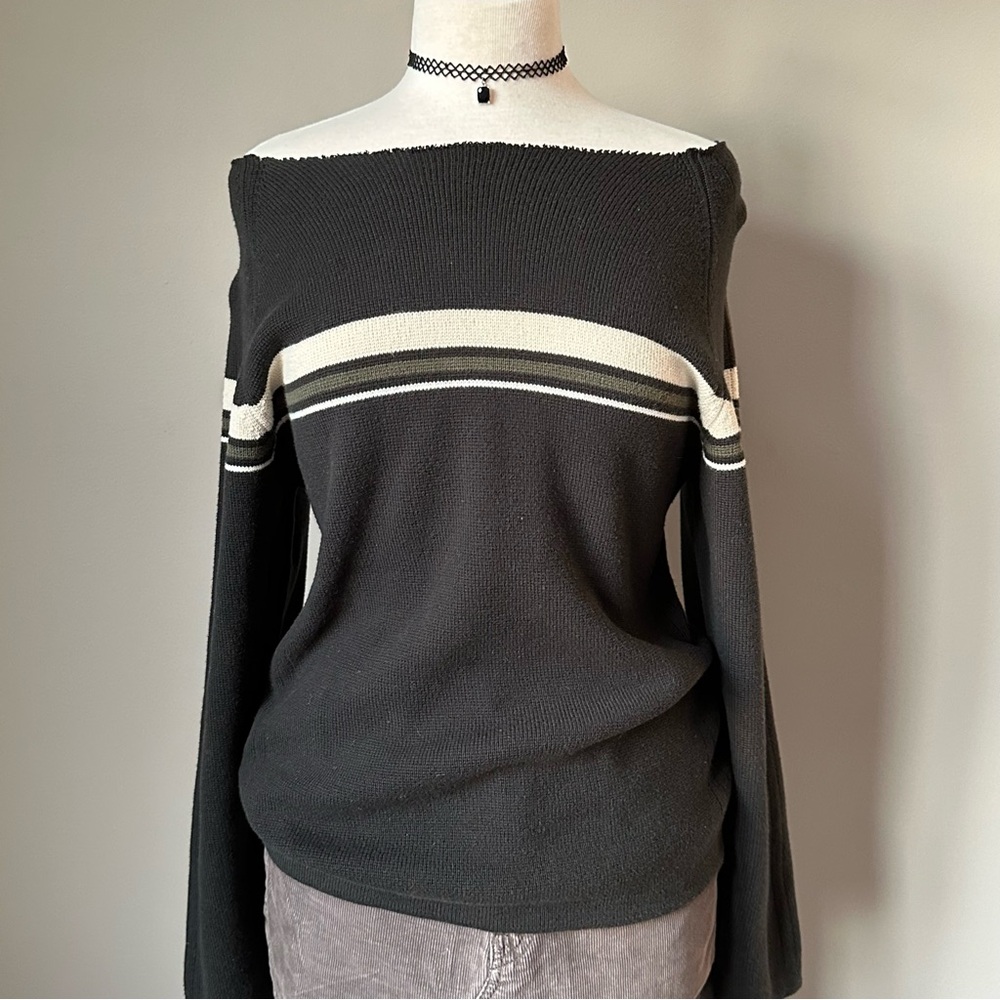 Black & Ivory Striped Off The Shoulder Sweater